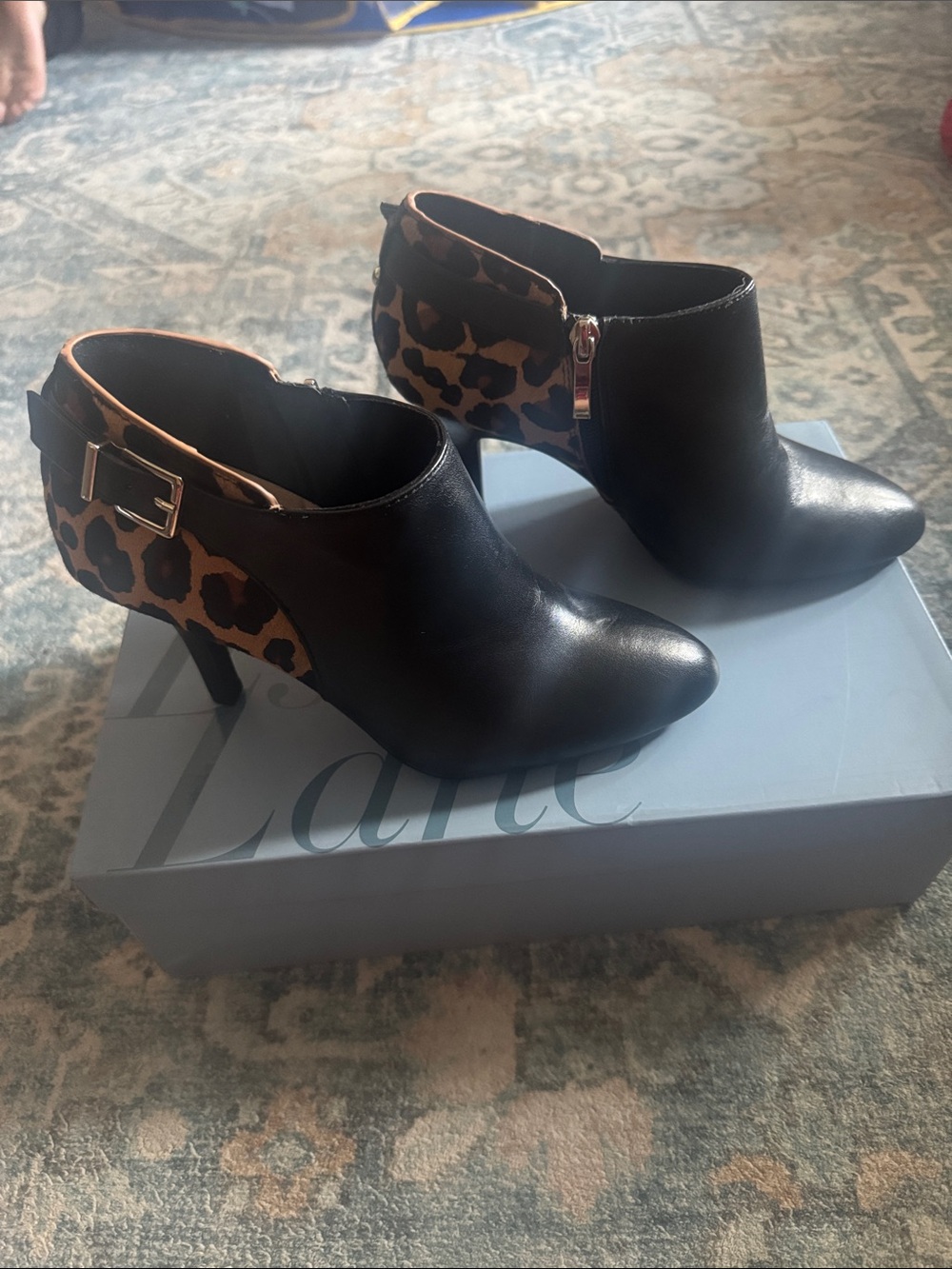 Essex Lane Black Ankle Booties with Leopard Accent & Buckle